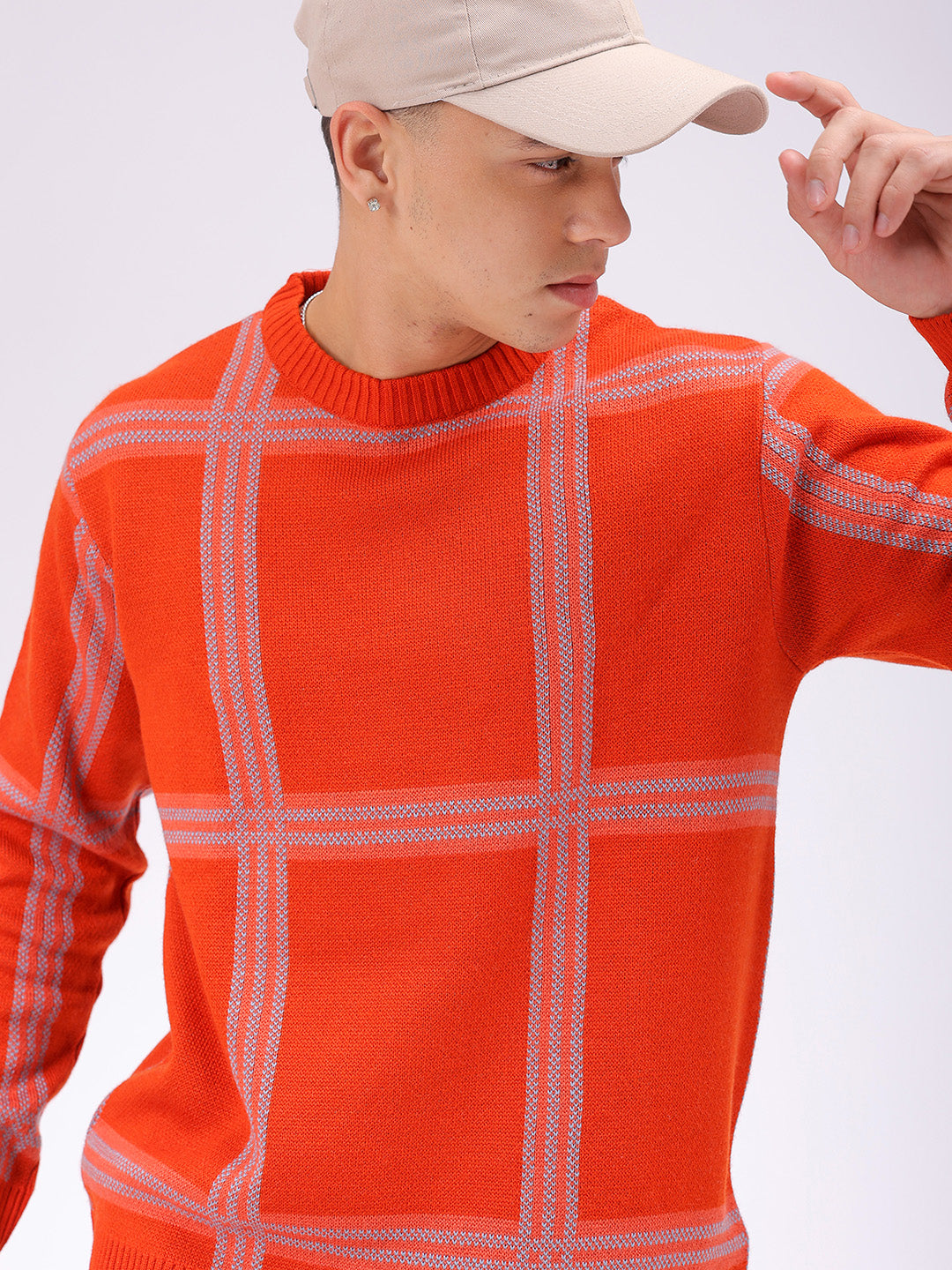 Men's Orange Relaxed Fit Checkered Casual Sweater