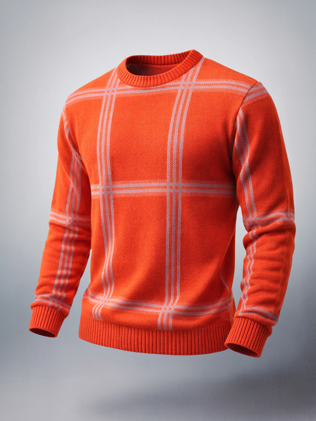 Men's Orange Relaxed Fit Checkered Casual Sweater