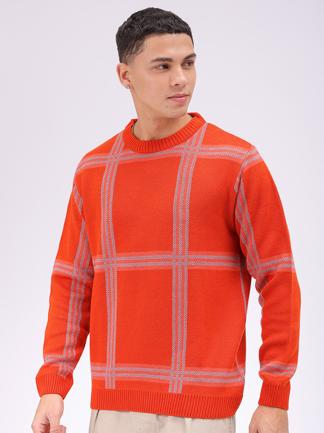 Men's Orange Relaxed Fit Checkered Casual Sweater