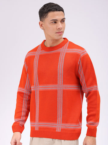 Men's Orange Relaxed Fit Checked Sweater