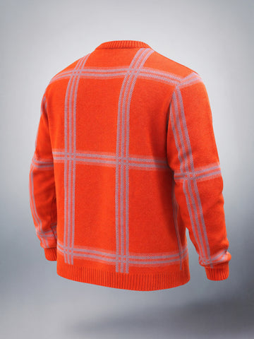 Men's Orange Relaxed Fit Checkered Casual Sweater