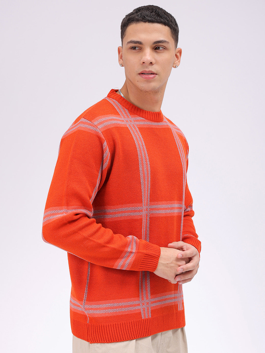 Men's Orange Relaxed Fit Checkered Casual Sweater