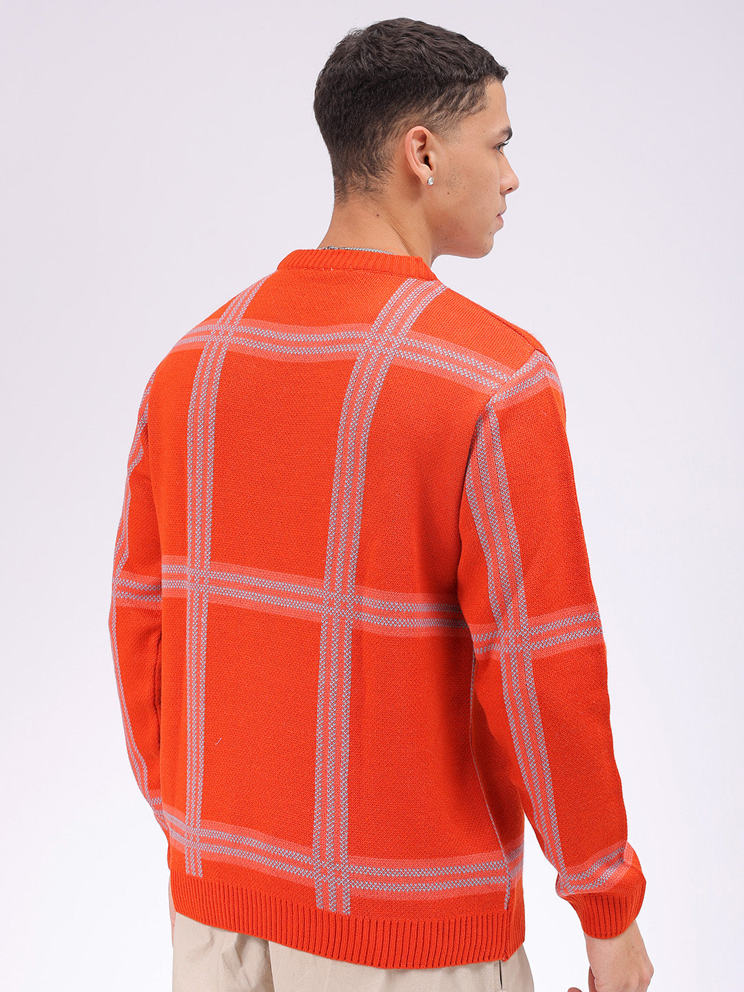 Men's Orange Relaxed Fit Checkered Casual Sweater
