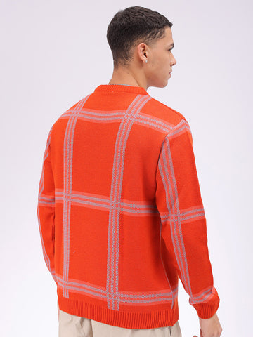 Men's Orange Relaxed Fit Checked Sweater