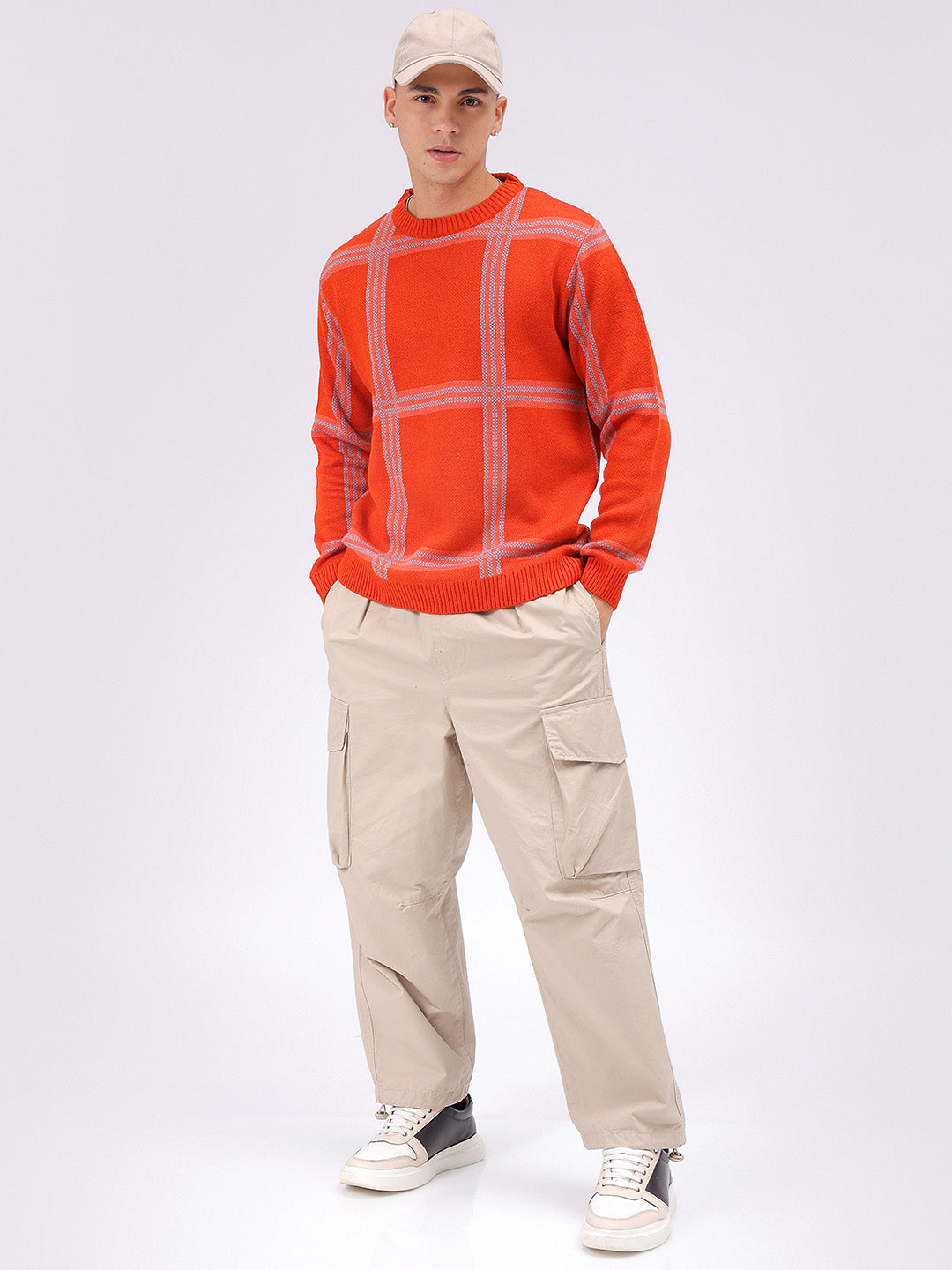 Men's Orange Relaxed Fit Checkered Casual Sweater