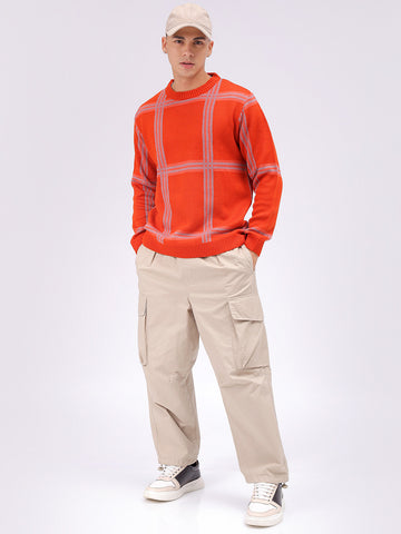 Men's Orange Relaxed Fit Checked Sweater