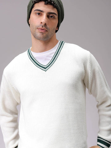 Men's White Relaxed Fit Solid V-Neck Sweater