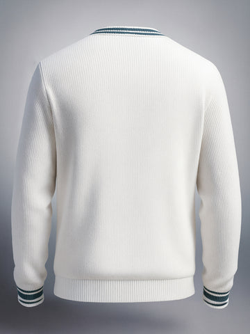 Men's White Relaxed Fit Solid V-Neck Sweater