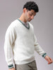 Men's White Relaxed Fit Solid V-Neck Sweater