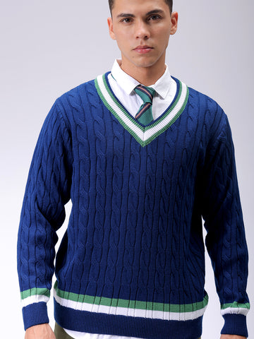 Men's Navy Blue Relaxed Fit Textured V Neck Sweater