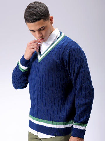 Men's Navy Blue Relaxed Fit Textured V Neck Sweater