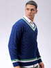 Men's Navy Blue Relaxed Fit Textured V Neck Sweater