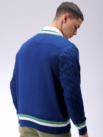 Men's Navy Blue Relaxed Fit Textured V Neck Sweater