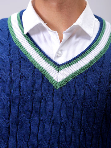Men's Navy Blue Relaxed Fit Textured V Neck Sweater