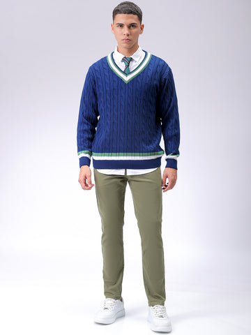 Men's Navy Blue Relaxed Fit Textured V Neck Sweater