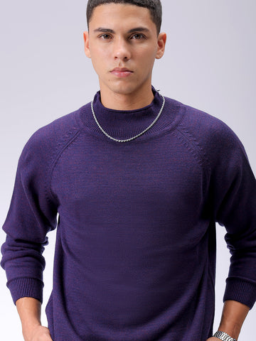 Men's Violet Relaxed Fit Solid High Neck Sweater