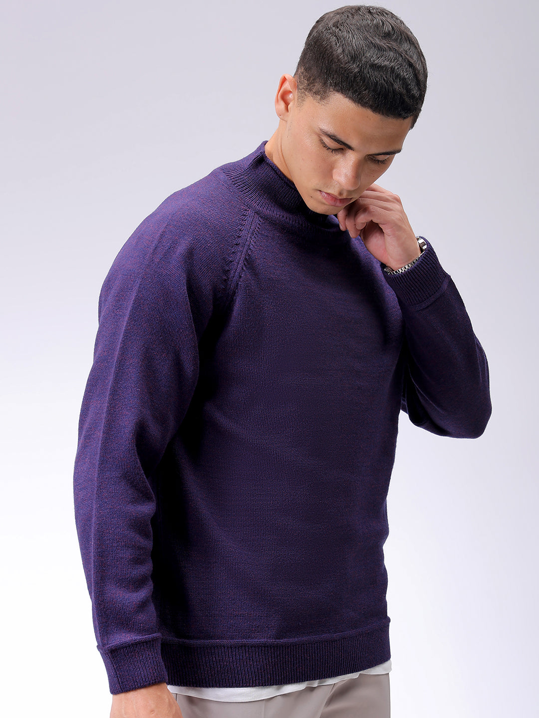 Men's Violet Relaxed Fit Solid High Neck Sweater