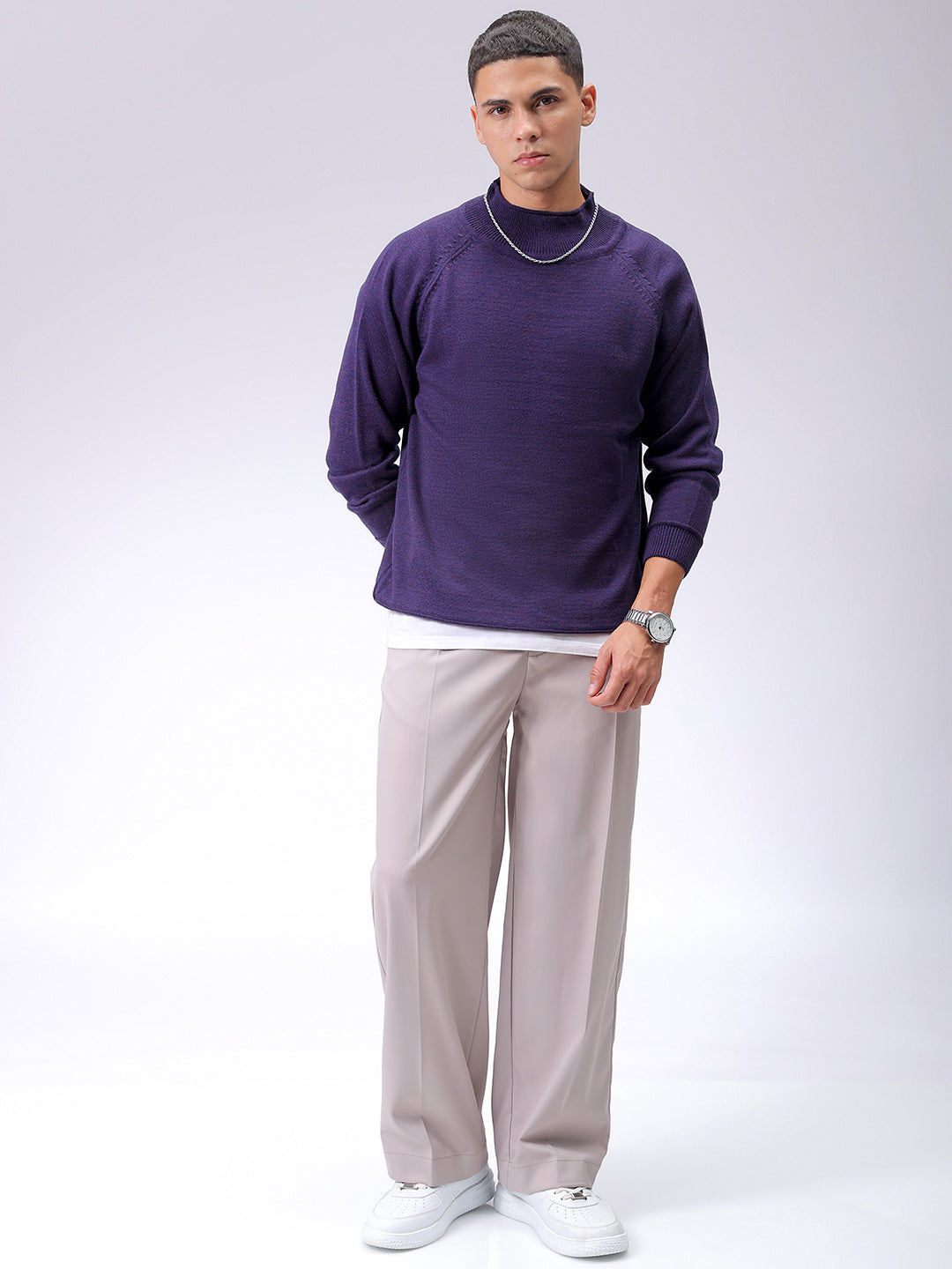 Men's Violet Relaxed Fit Solid High Neck Sweater