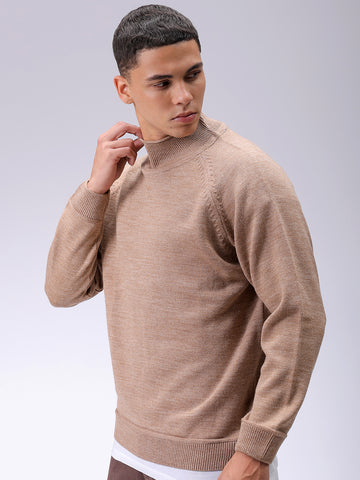 Men's Khaki Relaxed Fit Solid High Neck Sweater