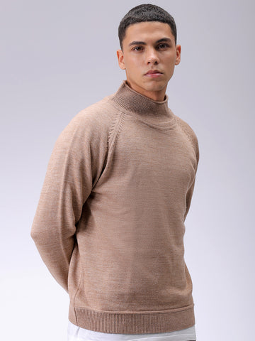 Men's Khaki Relaxed Fit Solid High Neck Sweater