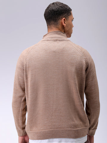 Men's Khaki Relaxed Fit Solid High Neck Sweater