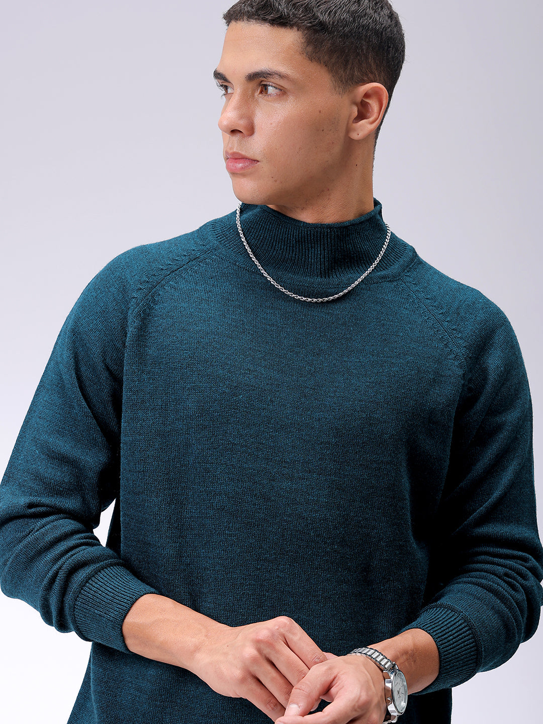 Men's Teal Relaxed Fit Solid High Neck Sweater
