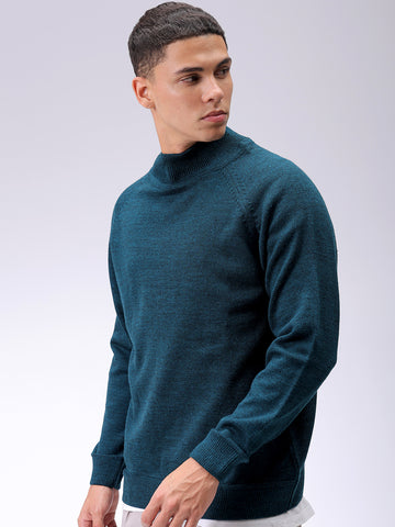 Men's Teal Relaxed Fit Solid High Neck Sweater