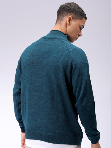 Men's Teal Relaxed Fit Solid High Neck Sweater