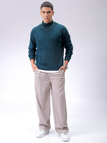 Men's Teal Relaxed Fit Solid High Neck Sweater