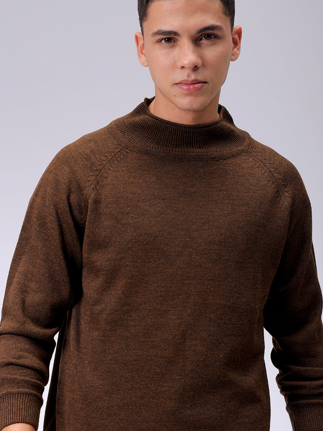 Men's Brown Relaxed Fit Solid High Neck Sweater