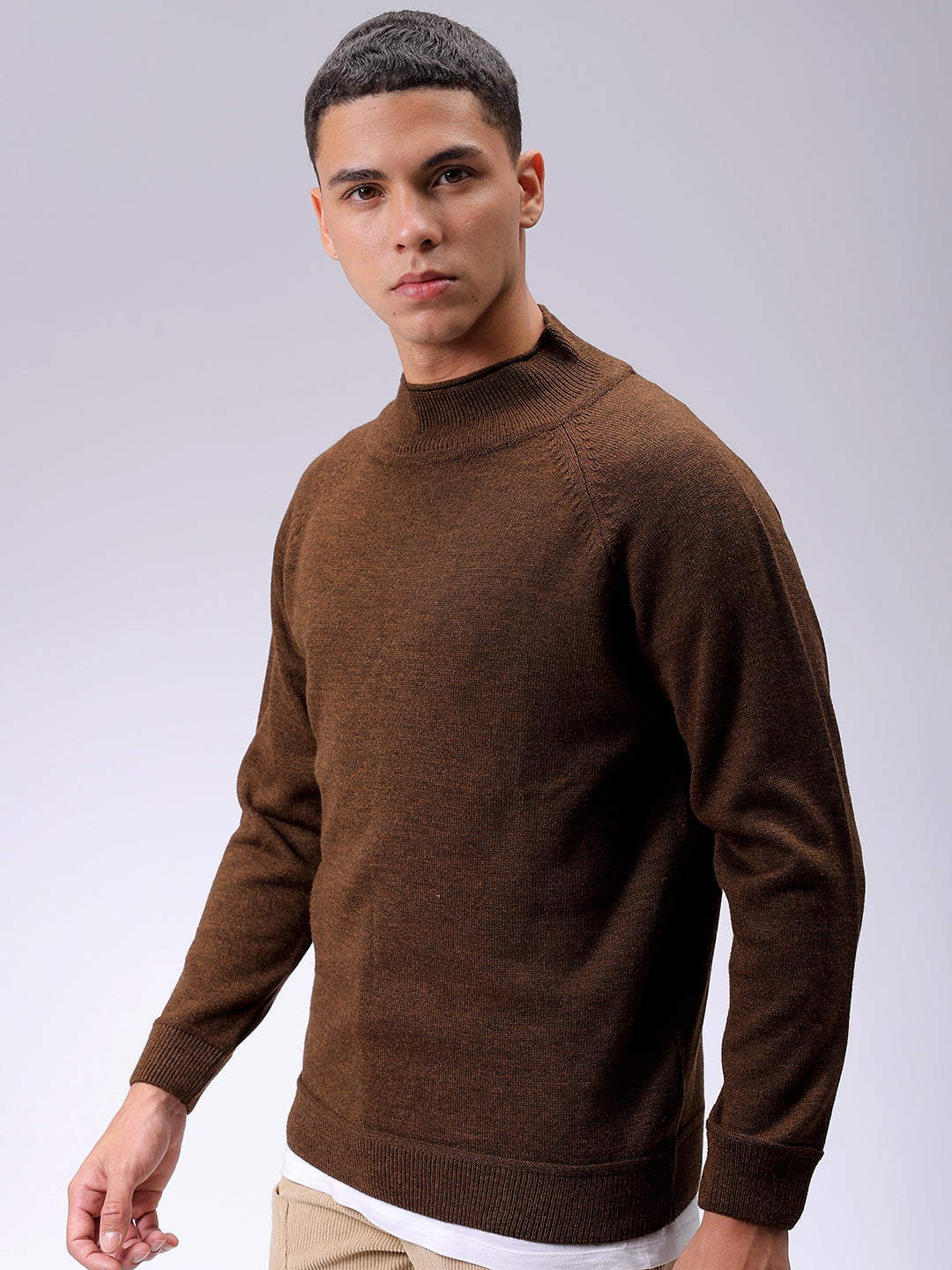 Men's Brown Relaxed Fit Solid High Neck Sweater