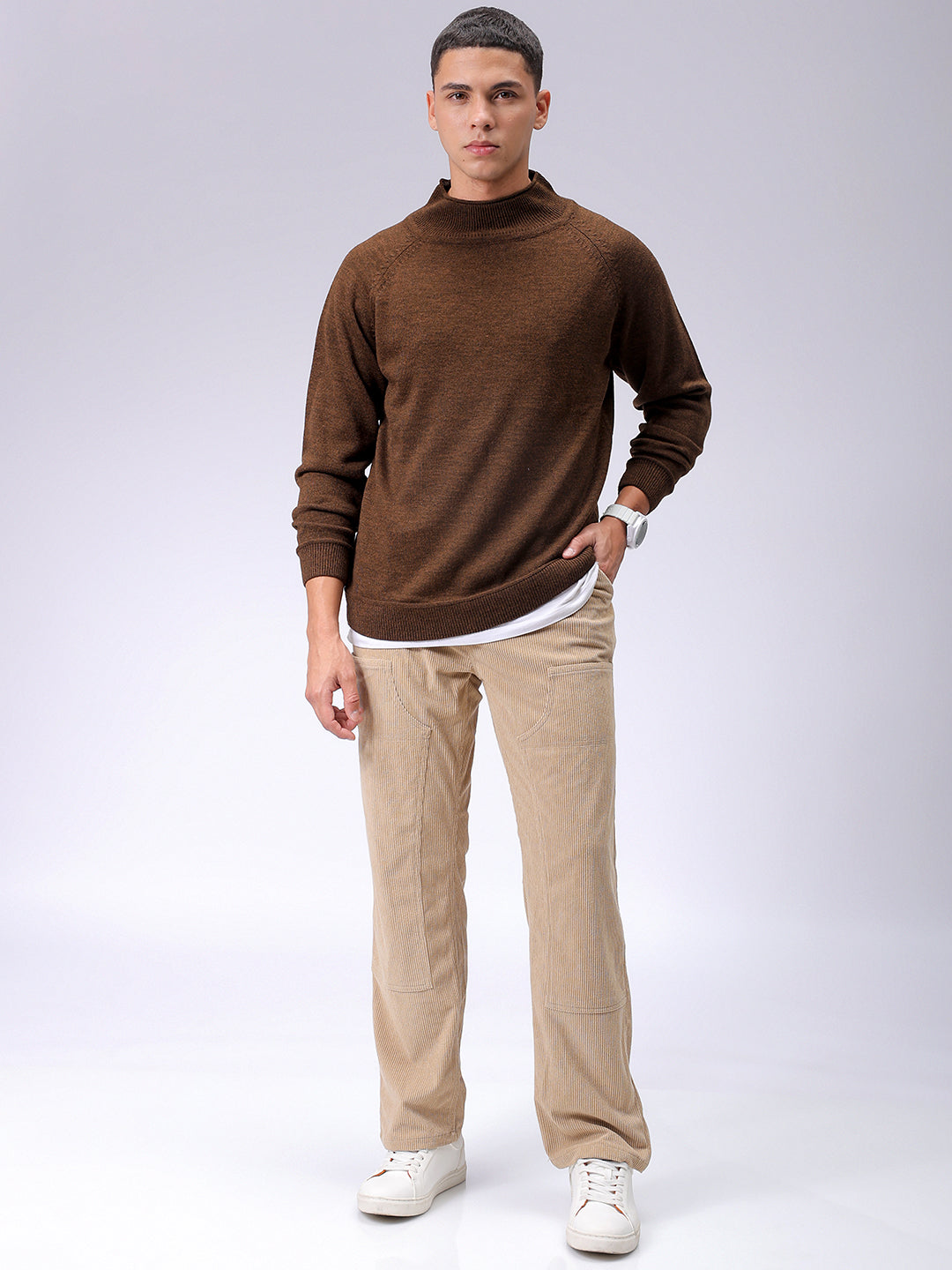 Men's Brown Relaxed Fit Solid High Neck Sweater