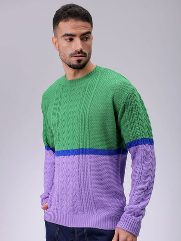 Men's Green Relaxed Fit Colourblocked High Neck Sweater