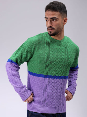 Men's Green Relaxed Fit Colourblocked High Neck Sweater