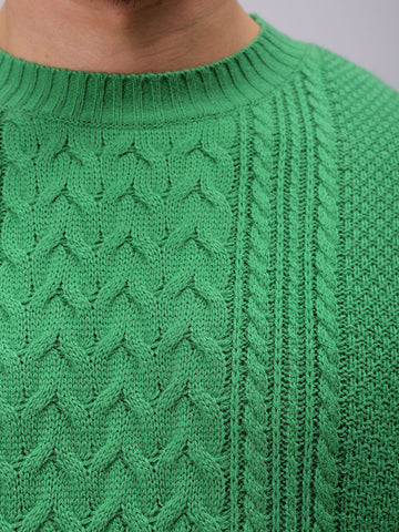 Men's Green Relaxed Fit Colourblocked High Neck Sweater