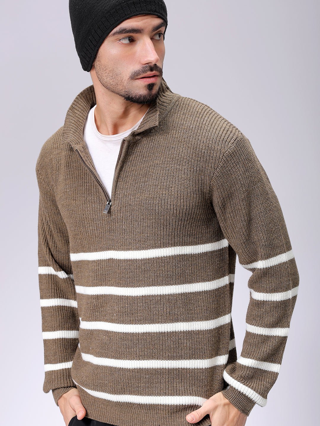 Men's Beige Relaxed Fit Horizontal Striped Sweater