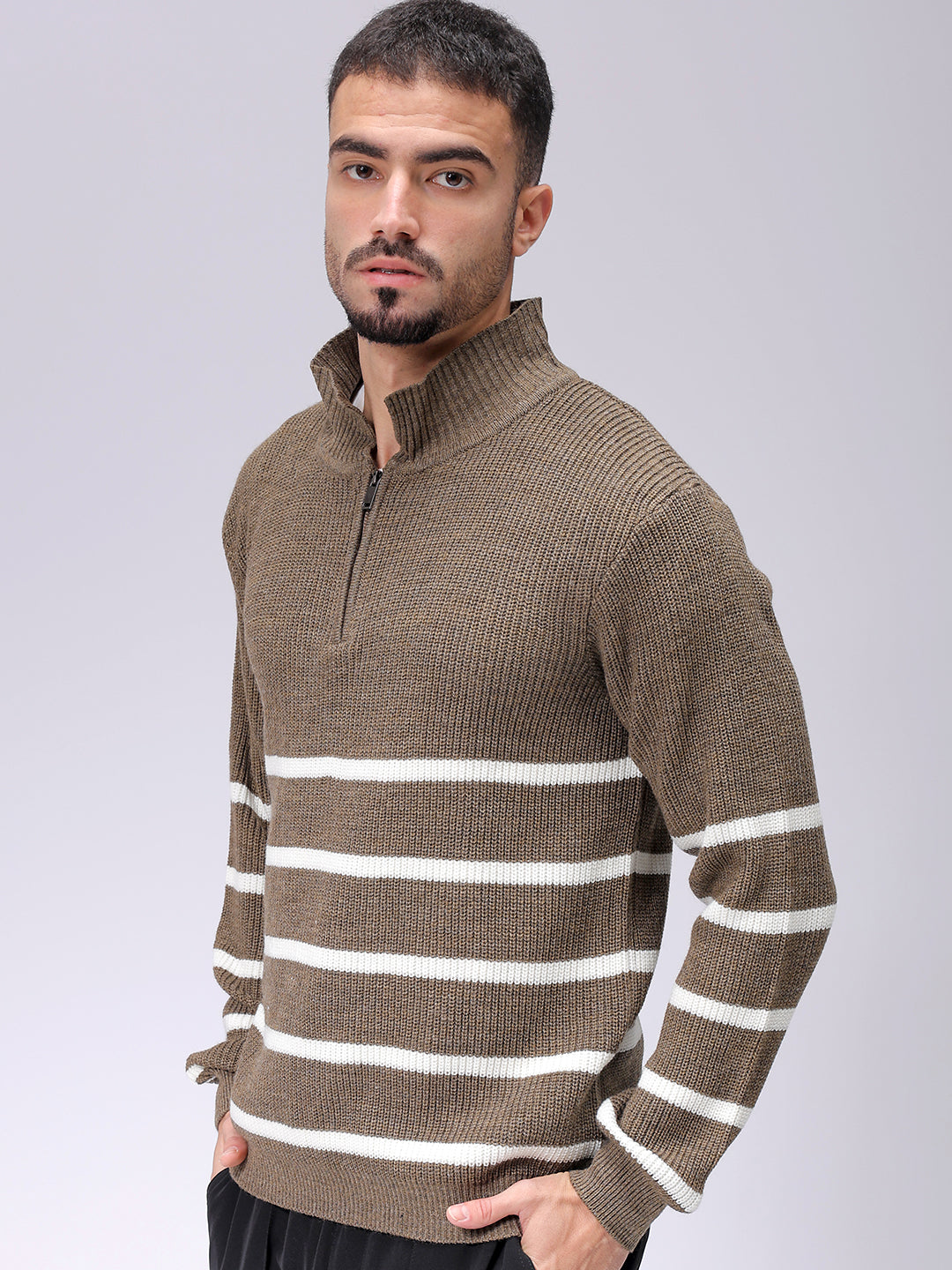 Men's Beige Relaxed Fit Horizontal Striped Sweater