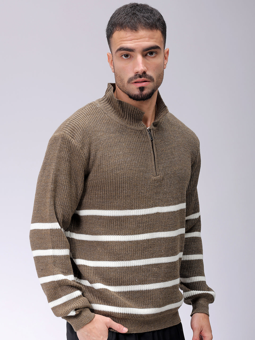 Men's Beige Relaxed Fit Horizontal Striped Sweater