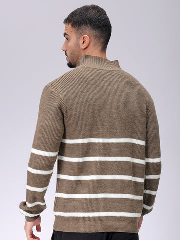Men's Beige Relaxed Fit Horizontal Striped Sweater