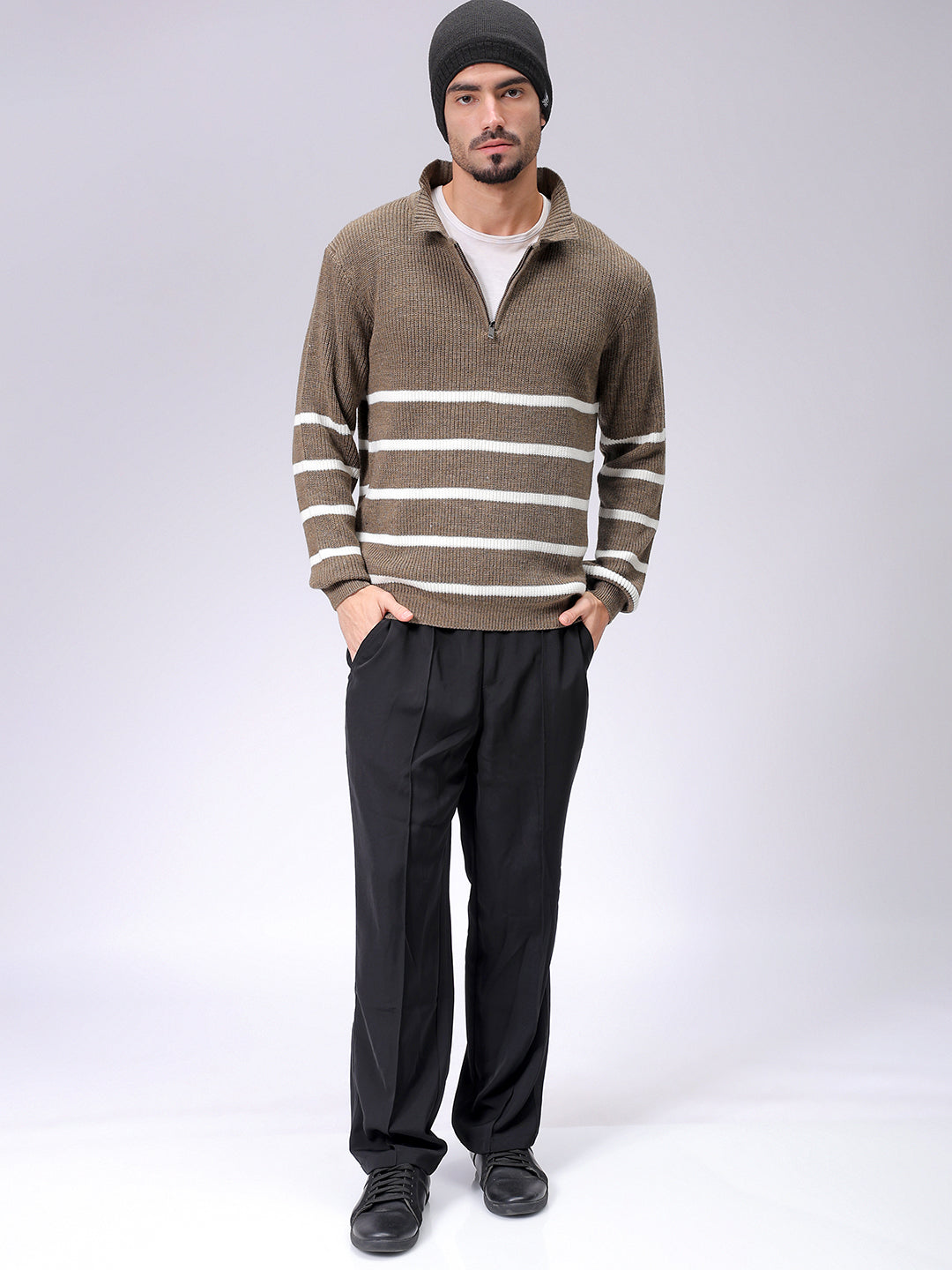 Men's Beige Relaxed Fit Horizontal Striped Sweater