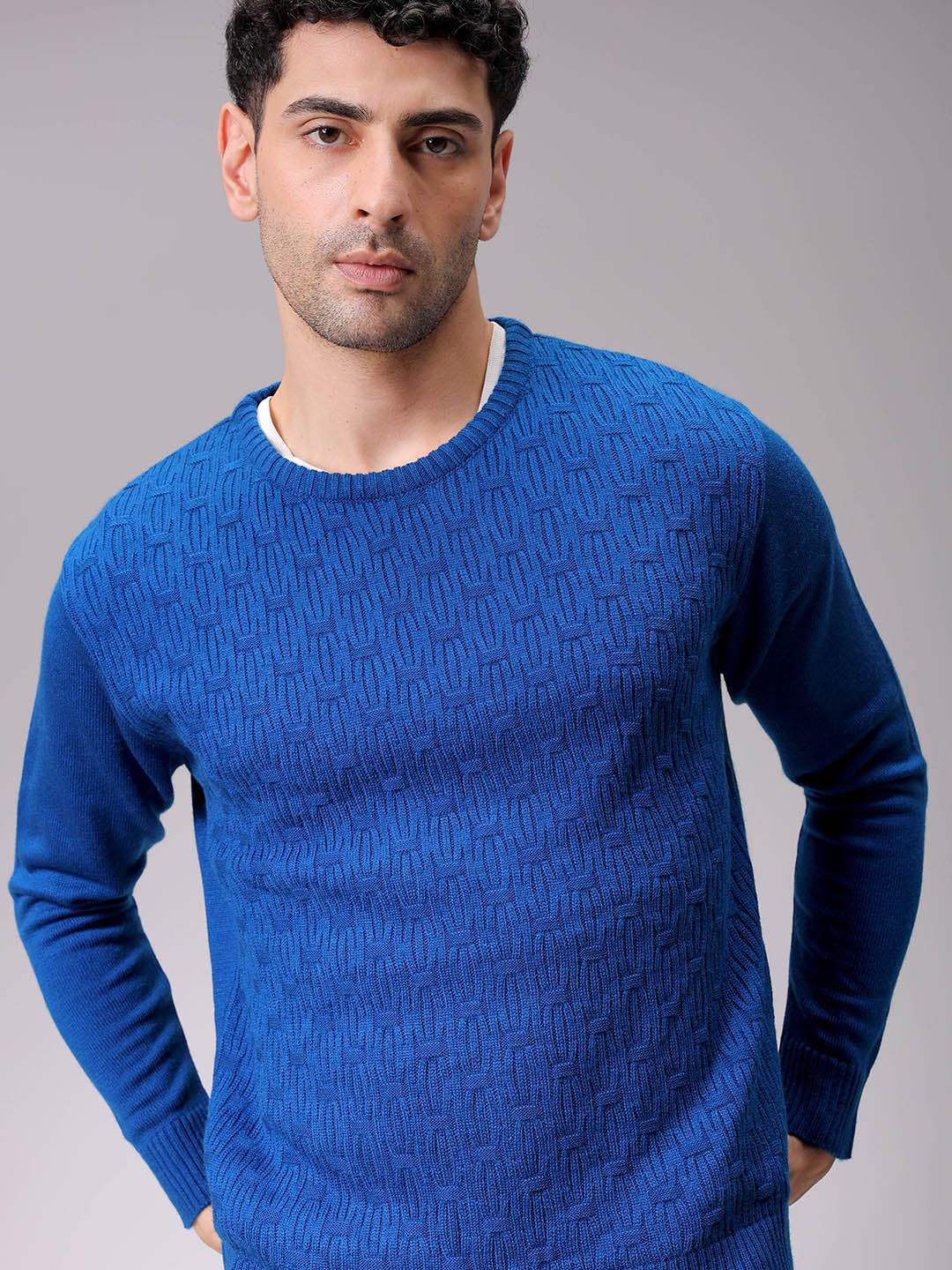 Men's Blue Relaxed Fit Solid High Neck Sweater