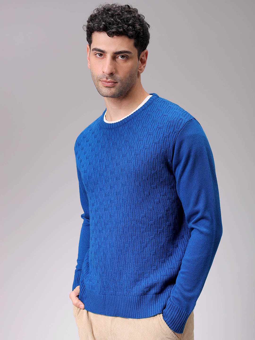 Men's Blue Relaxed Fit Solid High Neck Sweater