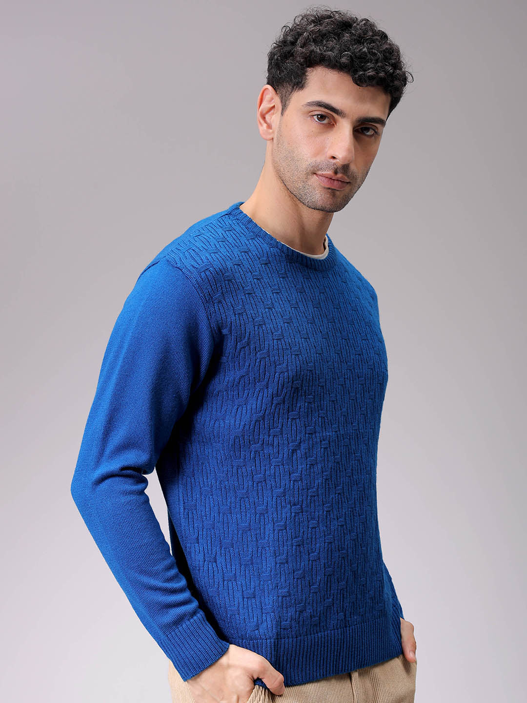 Men's Blue Relaxed Fit Solid High Neck Sweater