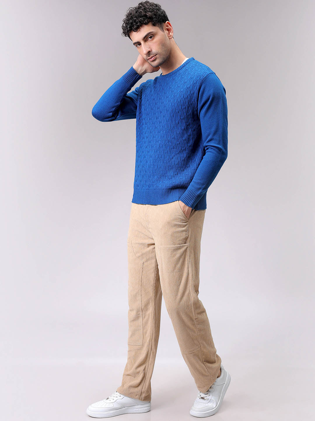 Men's Blue Relaxed Fit Solid High Neck Sweater