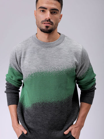 Men's Grey Relaxed Fit Textured Crew Neck Sweater
