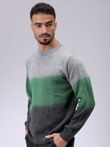 Men's Grey Relaxed Fit Textured Crew Neck Sweater