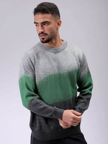 Men's Grey Relaxed Fit Textured Crew Neck Sweater