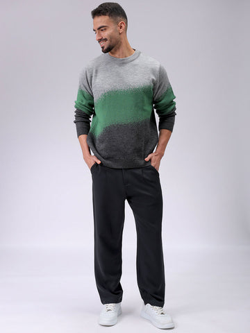 Men's Grey Relaxed Fit Textured Crew Neck Sweater
