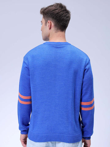 Men's Blue Relaxed Fit Superman Printed Crew Neck Jacquard Sweater