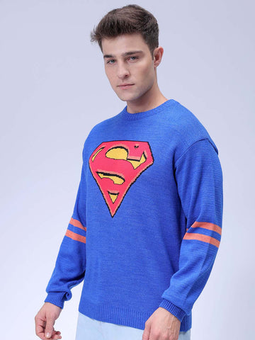 Men's Blue Relaxed Fit Superman Printed Crew Neck Jacquard Sweater